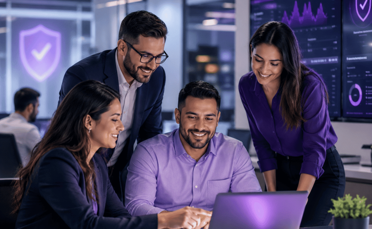 Equipo de trabajo analizando datos de ciberseguridad en pantallas corporativas
