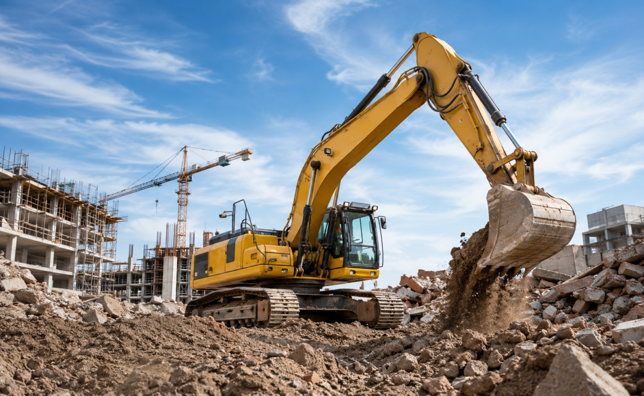 Excavadora trabajando en una obra de construcción asegurada