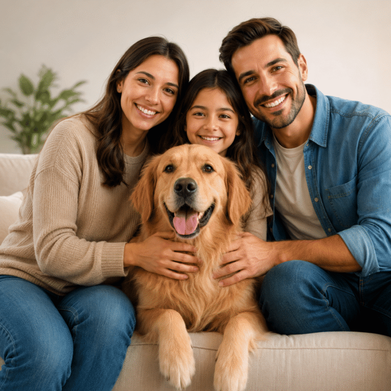 Familia acariciando a su perro golden retriever en el sofá de casa