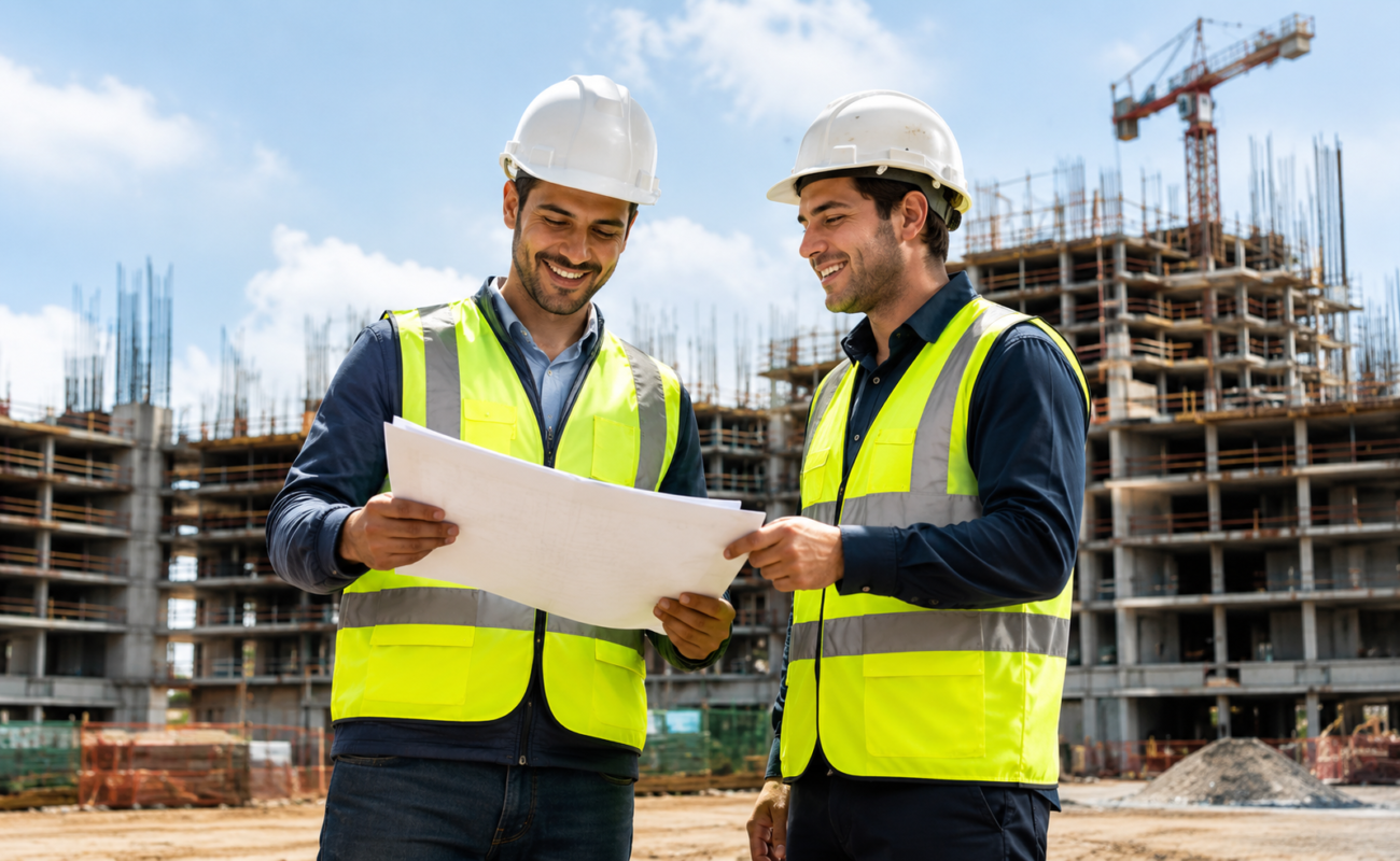 Dos ingenieros con casco revisando los planos de una obra en construcción