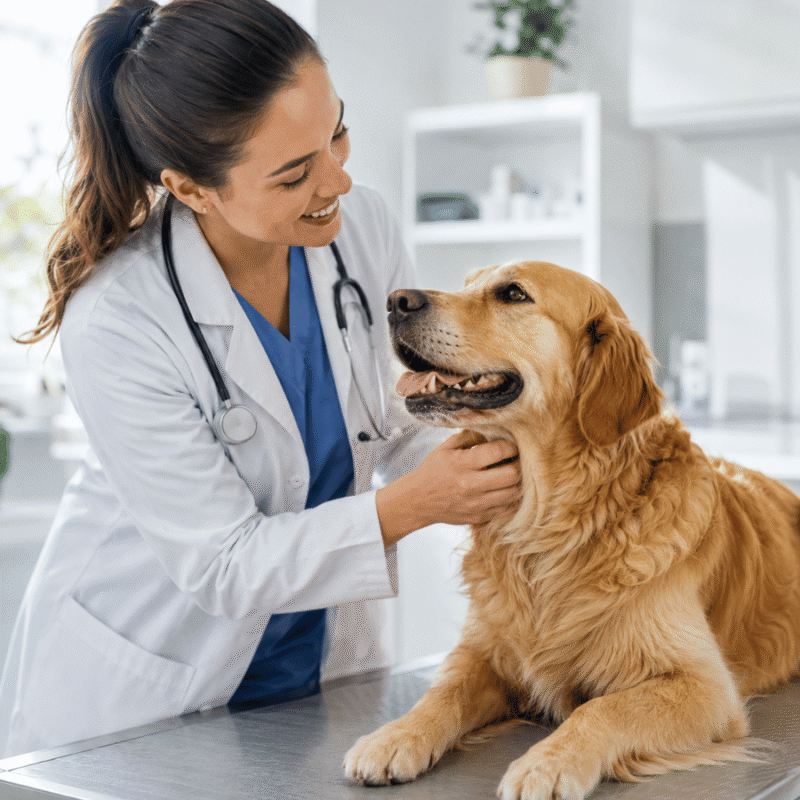 Veterinaria examinando a un perro golden retriever en consulta