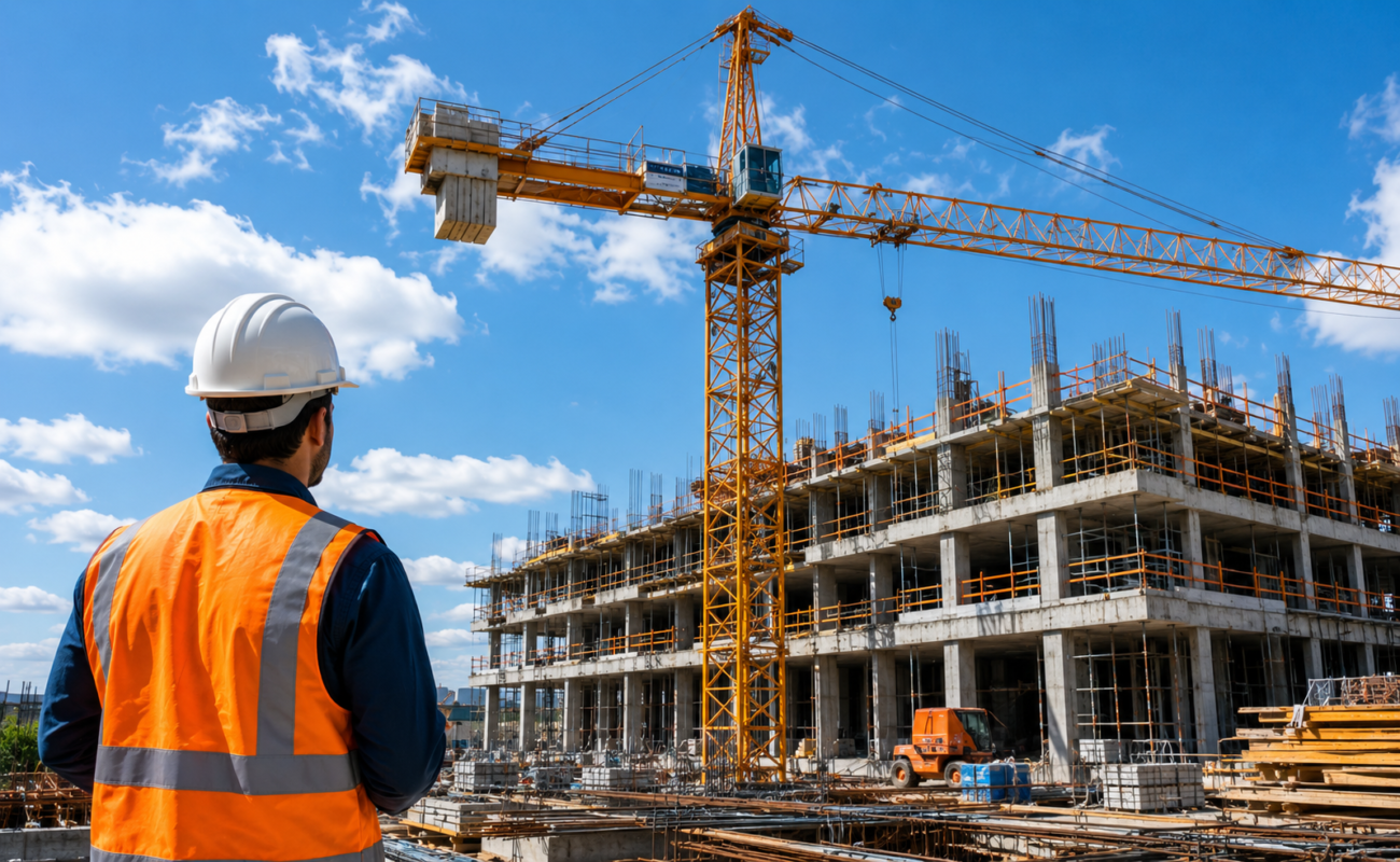 Obrero con casco frente a una grúa torre en un edificio en construcción