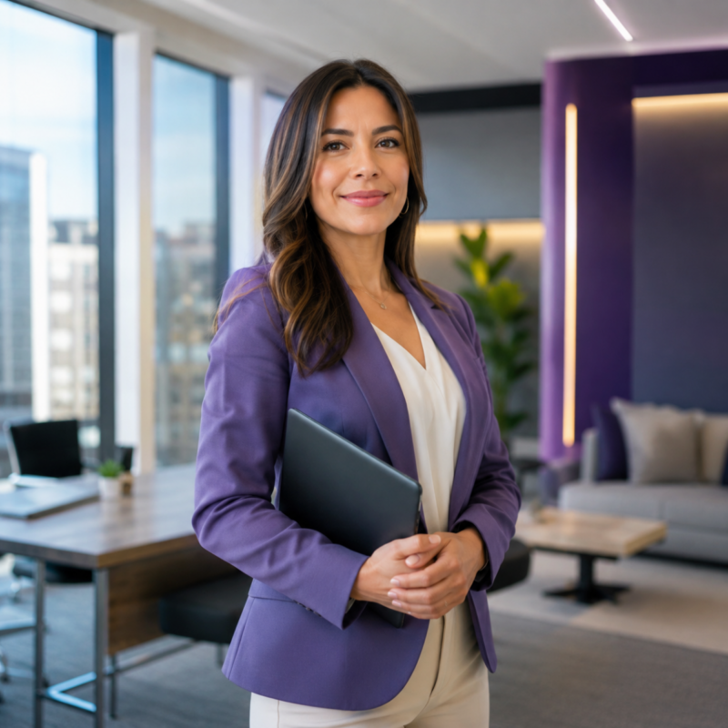 Asesora de seguros con su portafolio en la oficina de Prontix Seguros