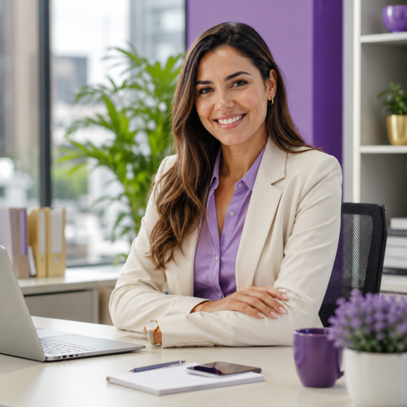 Asesora de seguros atendiendo a clientes desde su computador portátil