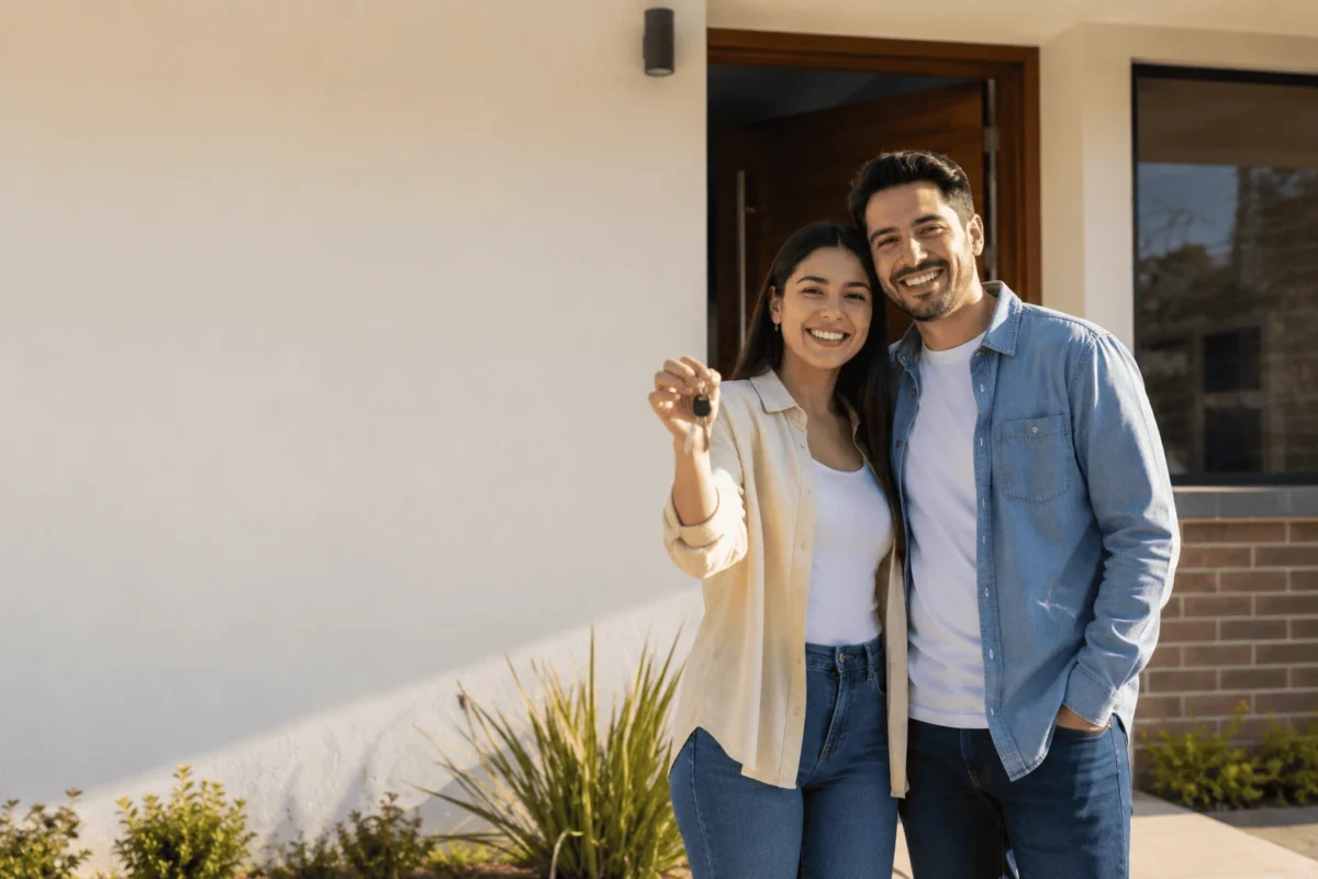 Pareja colombiana recibiendo las llaves de su nueva casa, protegida con seguro de vida deudor e incendio