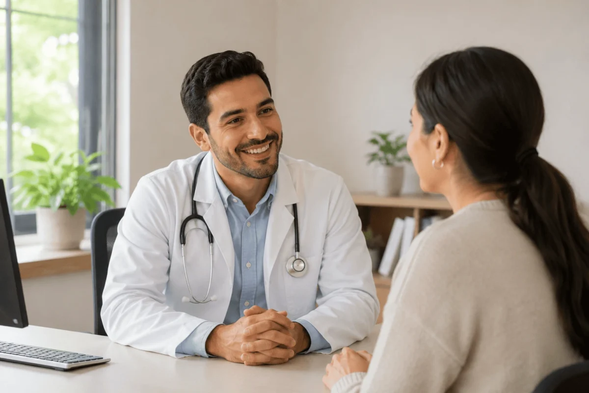 Médico y paciente conversando en consultorio, protegidos con una póliza de salud de Prontix Seguros